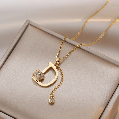 Stainless Steel Letter D Pendant Necklace For Women Minimalist Zirconia Inlay Gold Plated Clavicle Chain Jewelry