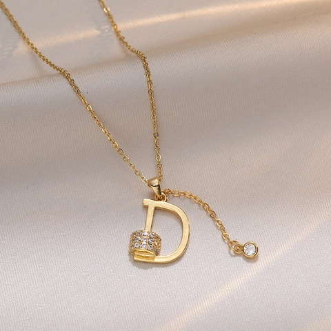 Stainless Steel Letter D Pendant Necklace For Women Minimalist Zirconia Inlay Gold Plated Clavicle Chain Jewelry
