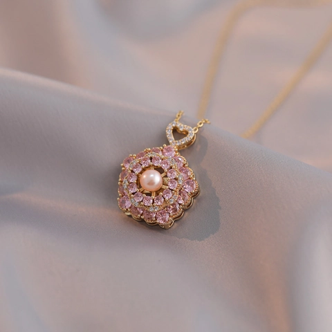 Stainless Steel Necklace With Rotating Pink Zircon Flower Pendant And Freshwater Pearl For Women Heart Jewelry