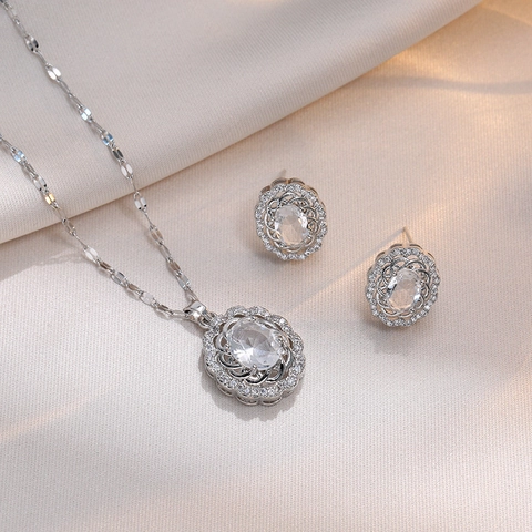 Ovalen Zirkoon Ketting En Oorbellen Met 925 Sterling Zilveren Oorbelpost Retro Titanium Staal Elegante Sieraden