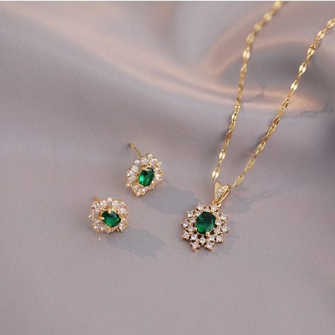 Collana Orecchini Girasole Zircone Smeraldo Con Perno Argento Acciaio Inossidabile Per Donne Gioielli Retrò Eleganti