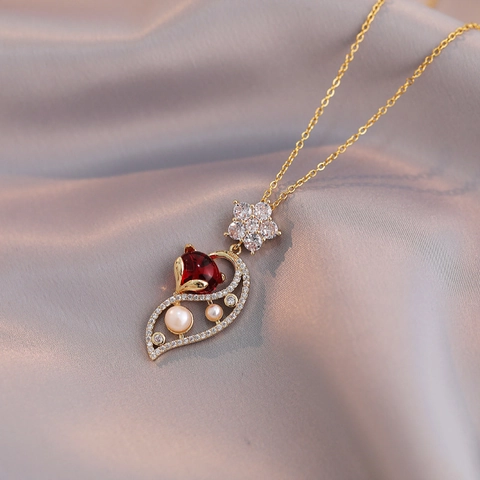 Fuchs Anhänger Halskette Titanstahl Süßwasserperle Zirkonia Blume Design Eleganter Modeschmuck Für Damen Geschenk