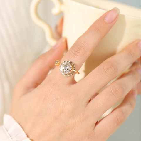Rotierender Floral Sonnenblume Spinner Ring Legierung Mikro Gepflasterter Zirkon Offener Verstellbarer Stressabbau Schmuck