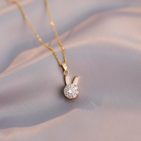 Collana Con Ciondolo A Forma Di Coniglio Rotante Acciaio Al Titanio Con Zircone E Smalto Moda Elegante Gioielli Da Donna