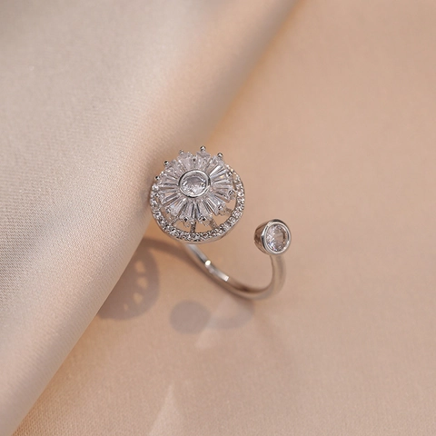 Rotierender Floral Sonnenblume Spinner Ring Legierung Mikro Gepflasterter Zirkon Offener Verstellbarer Stressabbau Schmuck