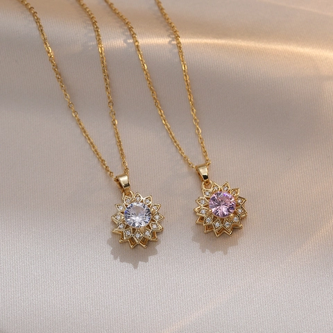 Roterende Zonnebloem Hanger Ketting Titanium Staal Zirkoon Strass Elegant Bloemenontwerp Modieuze Sieraden Voor Dames