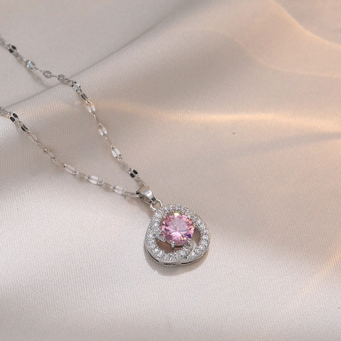 Elegant Flower Pendant Necklace Titanium Steel With Pink Zircon Sparkling Rhinestones Niche Design For Women