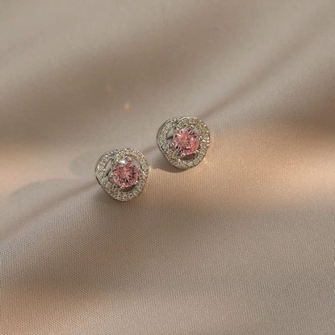 Orecchini A Lobo Fiore In Zircone Rosa Rame Con Perno In Argento Stile Coreano Quotidiano Per Donna