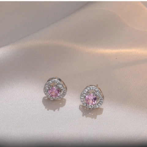 Orecchini A Lobo Fiore In Zircone Rosa Rame Con Perno In Argento Stile Coreano Quotidiano Per Donna