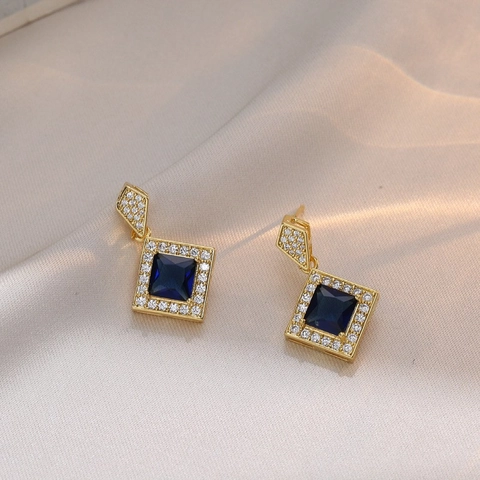 Geometric Square Drop Earrings With Blue Zirconia And 925 Sterling Silver Earring Post For Women Elegant Jewelry