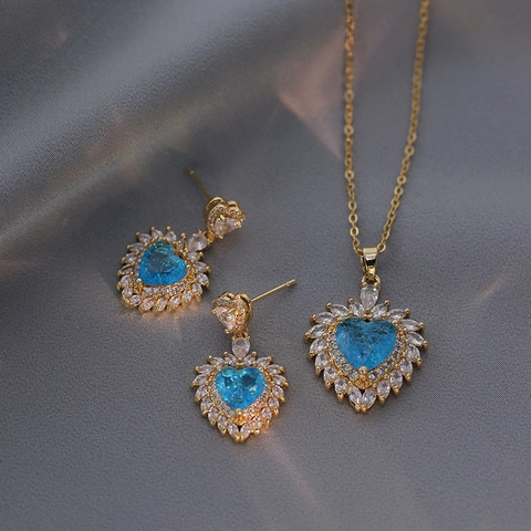 Collana Con Pendente A Cuore E Orecchini A Lobo Zircone Blu Intarsiato Rame Acciaio Titanio Gioielli Di Moda Per Donna Regalo Romantico