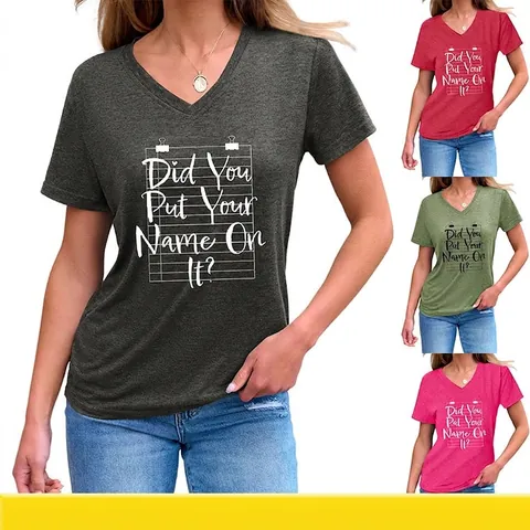 T-Shirt Da Donna In Misto Cotone Scollo A V Maniche Corte Casual Allentata Stampa Lettere Nodo Laterale Maglietta