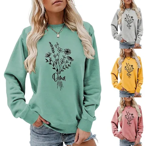 Sweat-Shirt Femmes Mélange Coton Polyester Col Rond Manches Longues Imprimé Floral Lettrage Oma Pull Décontracté Ample