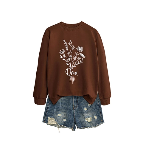 Sweat-Shirt Femmes Mélange Coton Polyester Col Rond Manches Longues Imprimé Floral Lettrage Oma Pull Décontracté Ample
