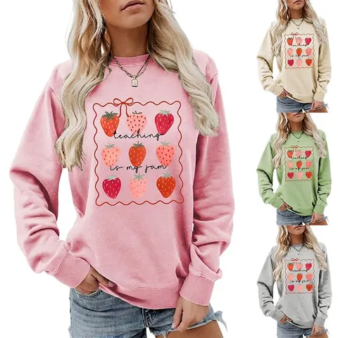 Felpa Donna Girocollo Pullover Misto Cotone Manica Lunga Divertente Fragola Teaching Is My Jam Grafica Top Casual Insegnante