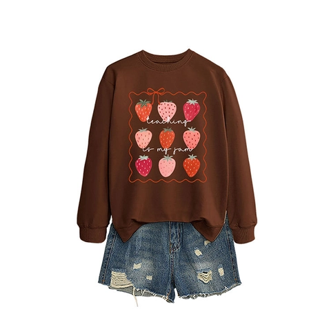 Felpa Donna Girocollo Pullover Misto Cotone Manica Lunga Divertente Fragola Teaching Is My Jam Grafica Top Casual Insegnante
