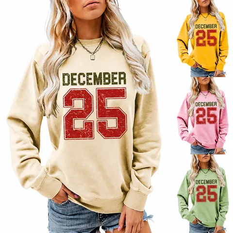 Sudadera Mujer Cuello Redondo Manga Larga Navidad December 25 Impresión Letras Vintage Suelta Algodón Poliéster Mezcla