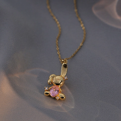 Collana Con Ciondolo Coniglio Con Zircone Rosa Acciaio Al Titanio Gioielli Animali Per Donne