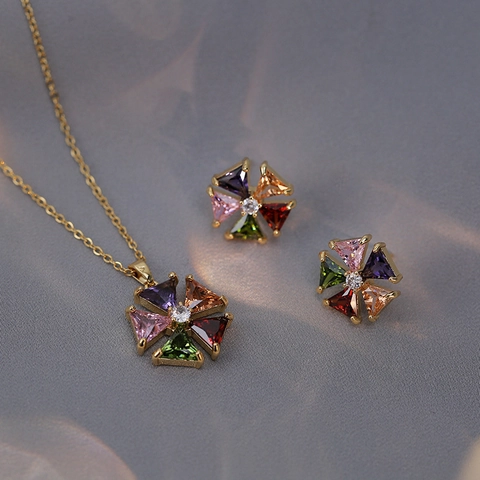 Luxus Mode Zirkon Blume Anhänger Halskette Und Bunte Zirkon Ohrringe Titanstahl Kette Für Damen Schmuck