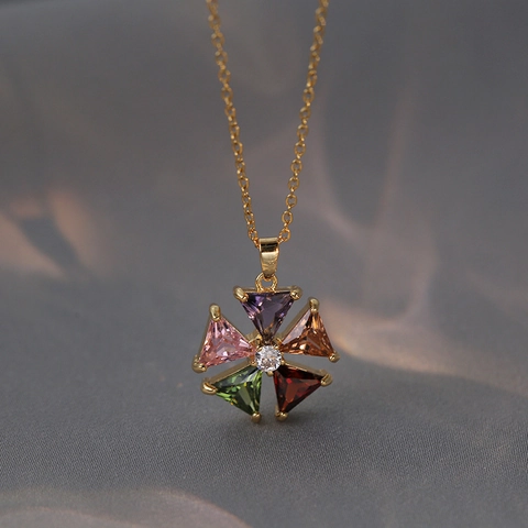Luxus Mode Zirkon Blume Anhänger Halskette Und Bunte Zirkon Ohrringe Titanstahl Kette Für Damen Schmuck