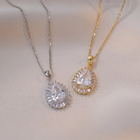 Water Drop Zircon Necklace Titanium Steel Pear Shaped Baguette Cut Geometric Niche Design Jewelry For Women Fashion Elegant
