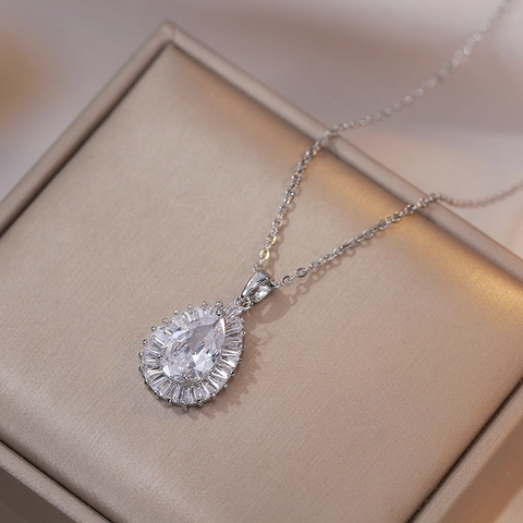 Elegant Water Drop Pendant Necklace Titanium Steel Pear Cut Zircon Inlaid Geometric Chic Jewelry For Women
