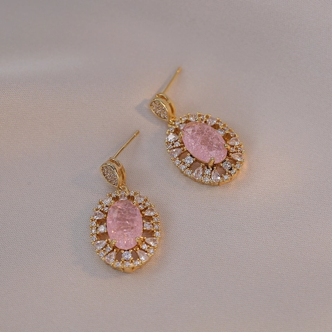 French Luxury Pink Zircon Earrings With 925 Sterling Silver Earring Post Elegant Oval Copper Stud Earrings For Women