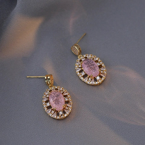 French Luxury Pink Zircon Earrings With 925 Sterling Silver Earring Post Elegant Oval Copper Stud Earrings For Women