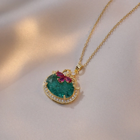 Collana Con Pendente Vintage In Acciaio Inossidabile Con Pietra Preziosa Verde Fiore Rosso Zircone Gioielli Eleganti Da Donna