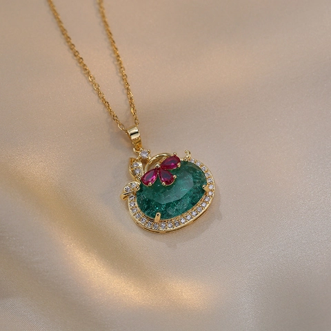 Collana Con Pendente Vintage In Acciaio Inossidabile Con Pietra Preziosa Verde Fiore Rosso Zircone Gioielli Eleganti Da Donna