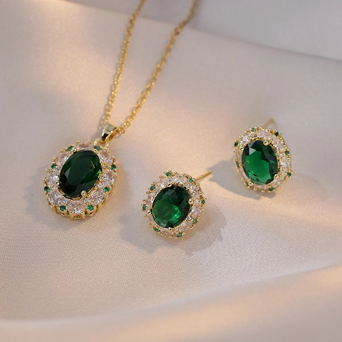 Vintage Emerald Zircon Floral Jewelry Gold Plated Stainless Steel Necklace And Earrings For Women Elegant Luxury Accessory
