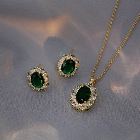 Vintage Emerald Zircon Floral Jewelry Gold Plated Stainless Steel Necklace And Earrings For Women Elegant Luxury Accessory