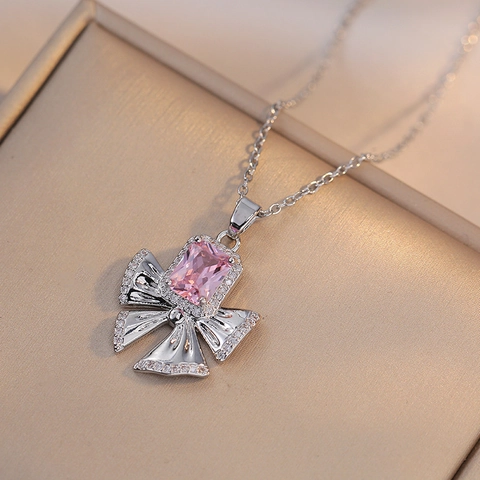 Collana Con Ciondolo A Fiocco In Acciaio Al Titanio Con Zircone Rosa Rettangolare Gioielli Di Moda Scintillante Per Donna