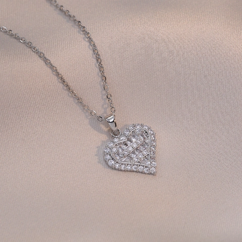 Heart Pendant Necklace Titanium Steel Zircon Inlaid Chic Sweet Style Women Fashion Accessory