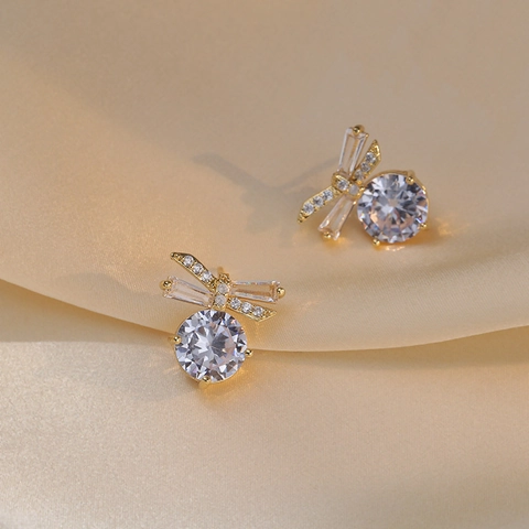 Butterfly Bowknot Stud Earrings Copper Cubic Zirconia Sparkling Elegant Korean Style Jewelry Accessories Women