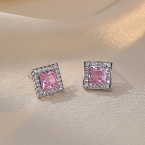 Orecchini A Lobo In Zircone Rosa Per Donna Rame Taglio Quadrato Halo Stile Coreano Silver Earring Post Gioielli