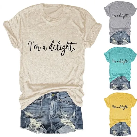 T-Shirt Da Donna A Maniche Corte In Misto Cotone Girocollo Slogan I Am A Delight Top Casual Estivo