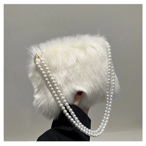 Bolso De Hombro De Felpa De Piel Sintética Para Mujer Con Correa De Perlas Artificiales Elegante Bolso Cruzado Cuadrado De Invierno