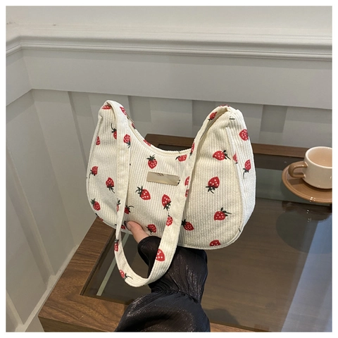 Borsa Sottobraccio Hobo Da Donna Velluto A Coste Jacquard Motivo Fragola Floreale Borsa A Spalla Vintage Alla Moda