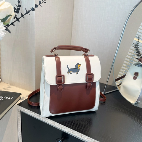 French Vintage PU Leather Backpack For Women Preppy Style Contrast Color Handbag With Cartoon Dachshund Cat Embroidery Retro Multi-function Crossbody Shoulder Bag