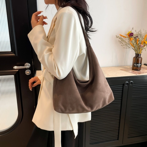 Women Vintage Nylon Tote Bag Solid Color Faux Suede Texture Casual Shoulder Bag Chic Large Capacity Underarm Hobo Bag