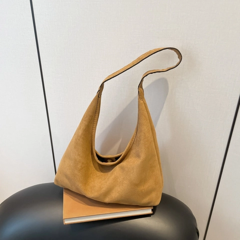 Women Vintage Nylon Tote Bag Solid Color Faux Suede Texture Casual Shoulder Bag Chic Large Capacity Underarm Hobo Bag