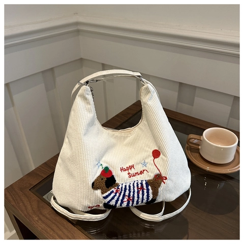 Schoudertas Voor Dames Corduroy Borduurwerk Cartoon Hond Grote Capaciteit Casual Schattig Hobo Tote Rits Handtas