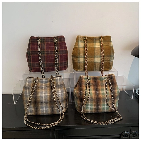 Damen Vintage Karierte Eimer-Tasche Aus Wollstoff Mit Metallketten-Riemen Große Kapazität Schultertasche Herbst Winter Mode Shopper