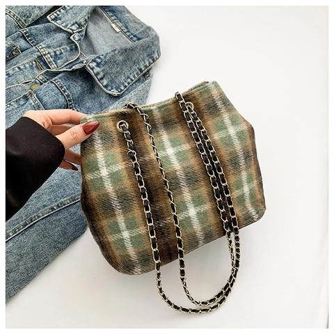 Damen Vintage Karierte Eimer-Tasche Aus Wollstoff Mit Metallketten-Riemen Große Kapazität Schultertasche Herbst Winter Mode Shopper