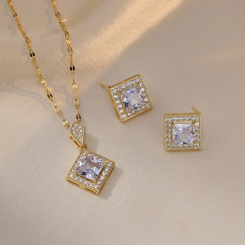 Geometric Square Halo Necklace And Stud Earrings Jewelry Stainless Steel Cubic Zirconia Minimalist Elegant Accessory For Women