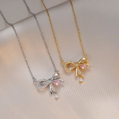 Collar Con Colgante De Lazo Acero Inoxidable Con Gema De Pera Rosa Y Diamantes De Imitación Joyería Dulce Mujer