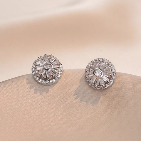 Rotating Round Zircon Stud Earrings Copper Sunflower Starburst Shape Korean Style Elegant Jewelry For Women