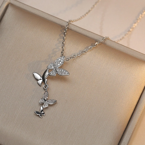 Collana Con Ciondolo A Farfalla Donne Acciaio Inossidabile Zirconia Cubica Intarsiata Stile Coreano Elegante