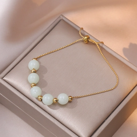 Vintage Gold Silver Plated Faux Moonstone Bracelet For Women Elegant Adjustable Slider Minimalist Jewelry Hand Accessories